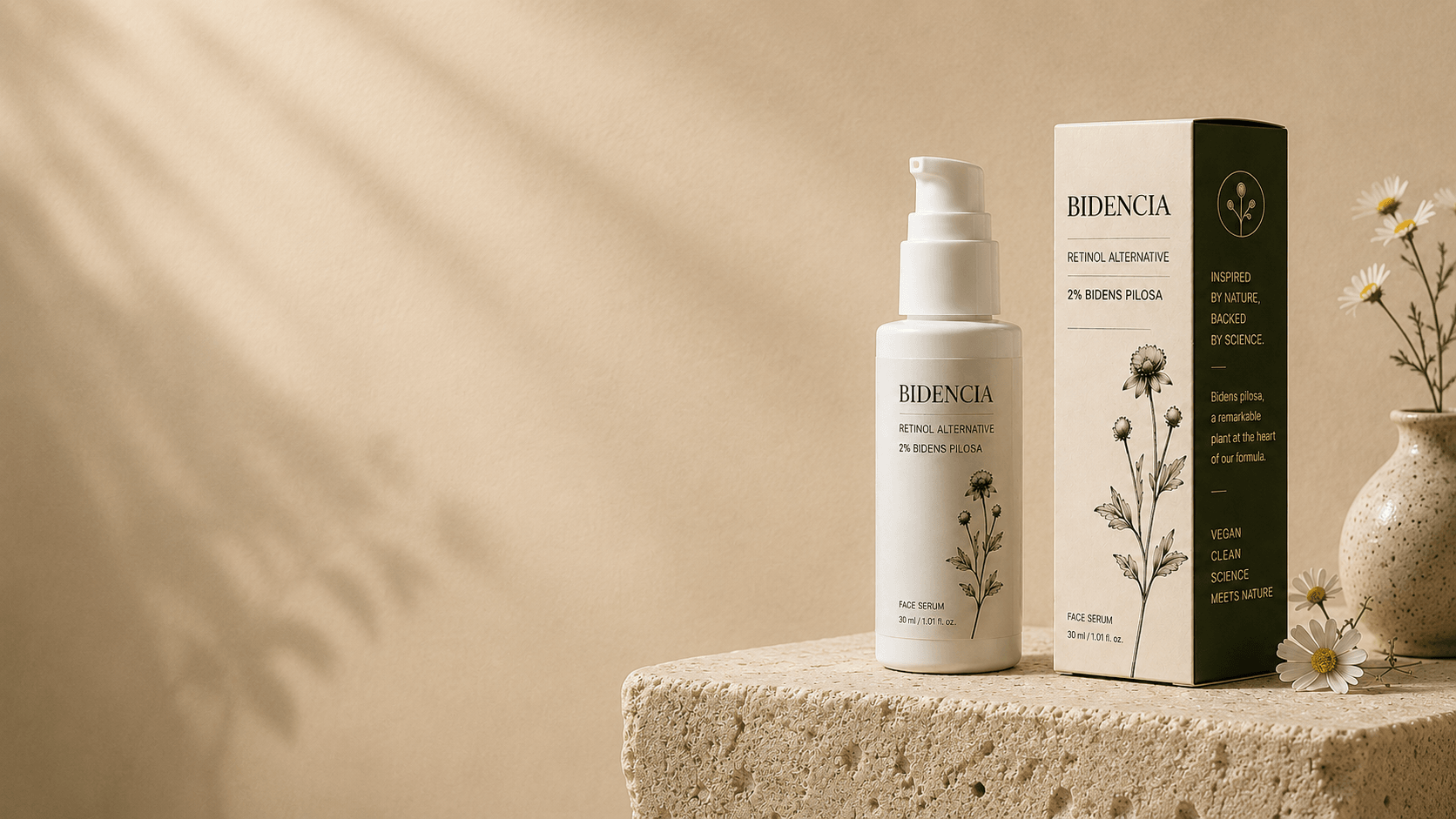 Bidencia face serum bottle and box on a travertine plinth