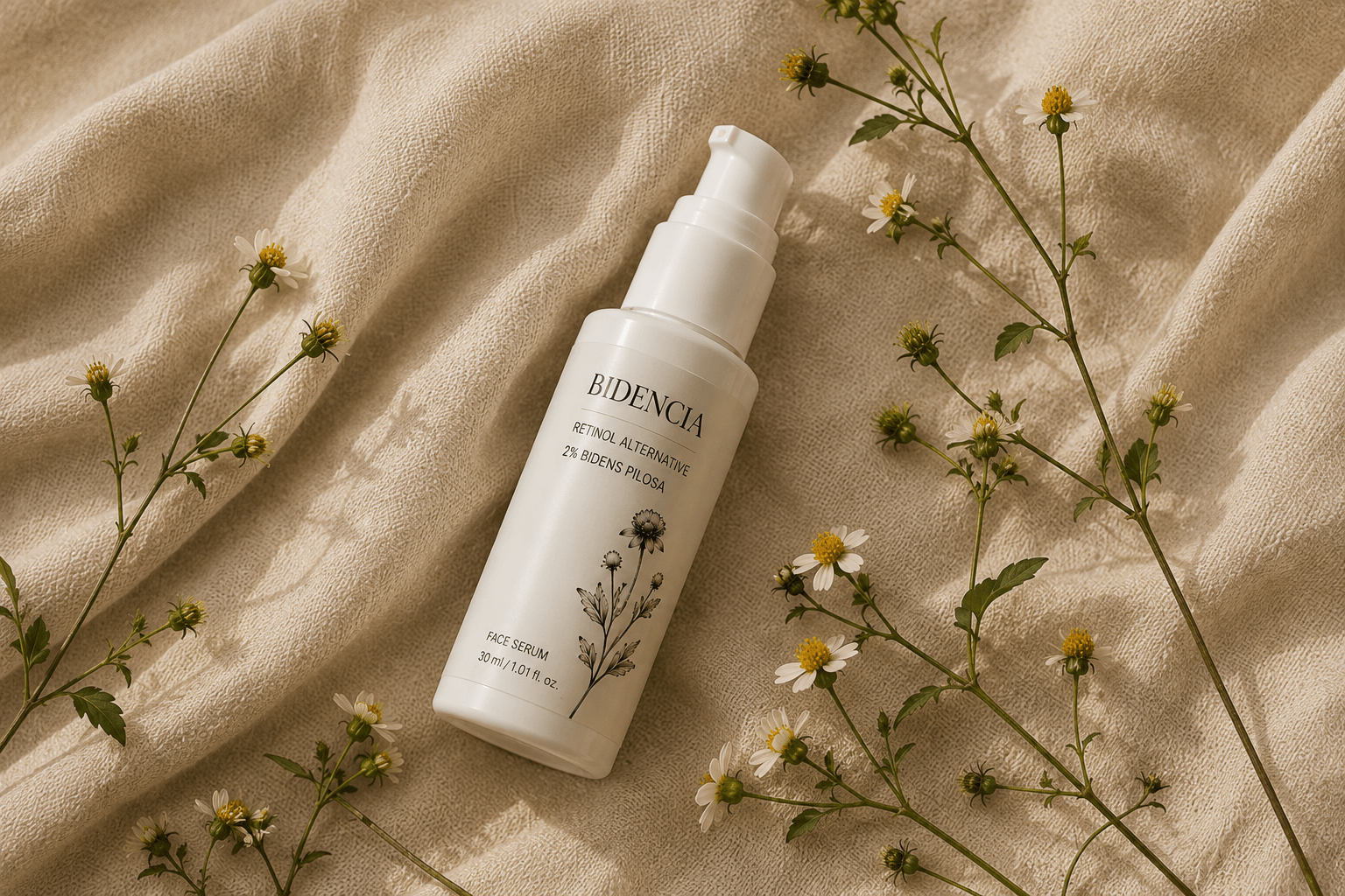 Bidencia face serum lying on linen among Bidens Pilosa flowers