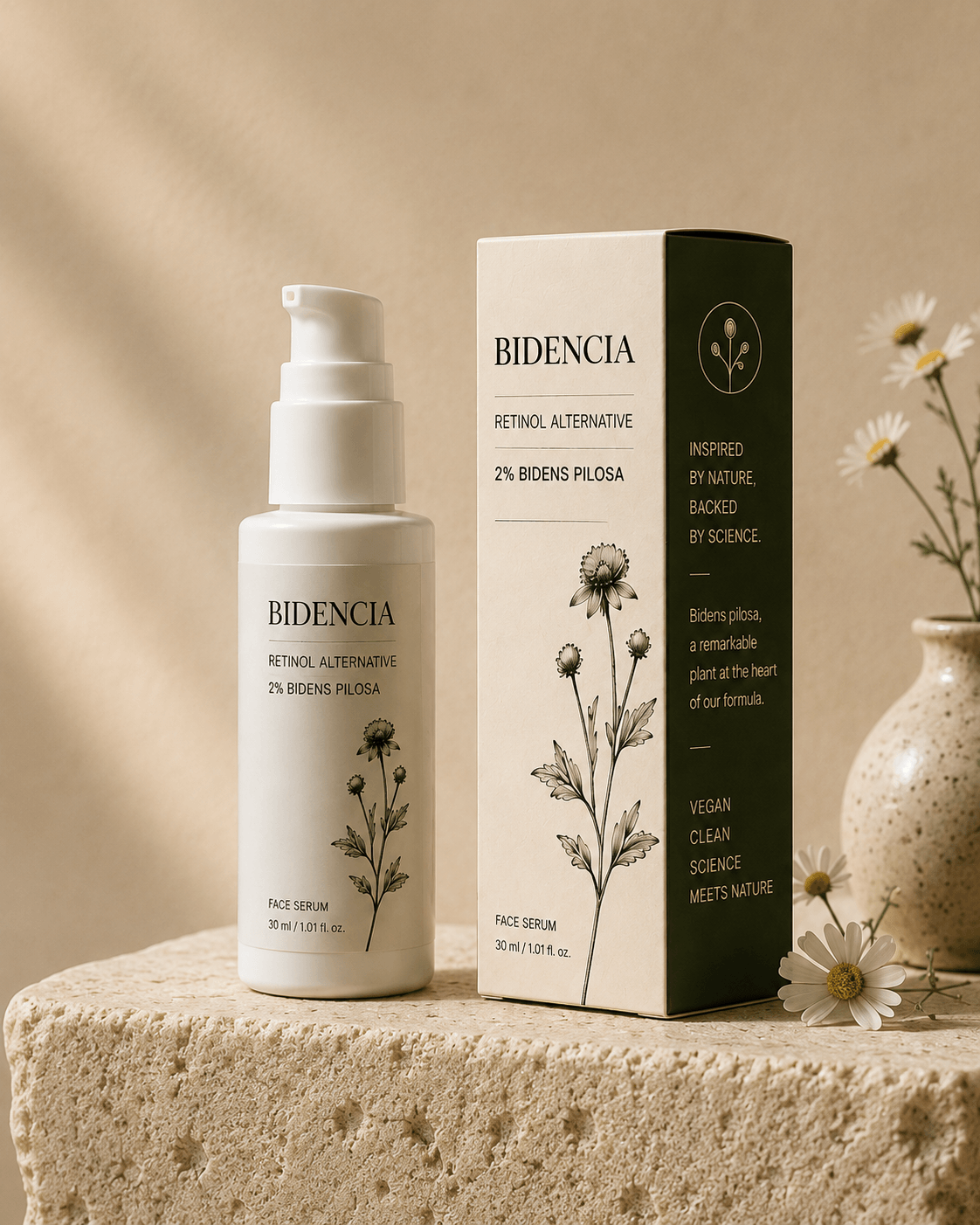 Bidencia serum bottle next to its box on a travertine plinth